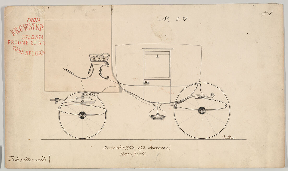 Design for Coach, no. 231, Brewster &amp; Co. (American, New York), Graphite, pen and black ink with ink wash and -- red ink stamp ink 