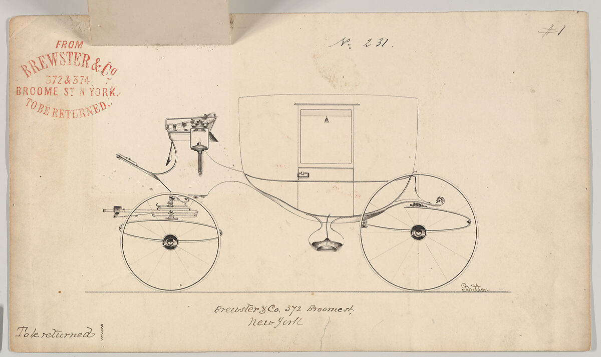 Design for Coach, no. 231, Brewster &amp; Co. (American, New York), Graphite, pen and black ink with ink wash and -- red ink stamp ink