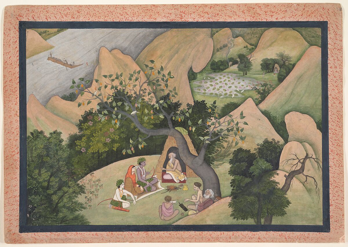 Rama, Sita, and Lakshmana at the Hermitage of Bharadvaja: Illustrated folio from a dispersed Ramayana series, Opaque watercolor and ink on paper, India (Kangra, Himachal Pradesh)