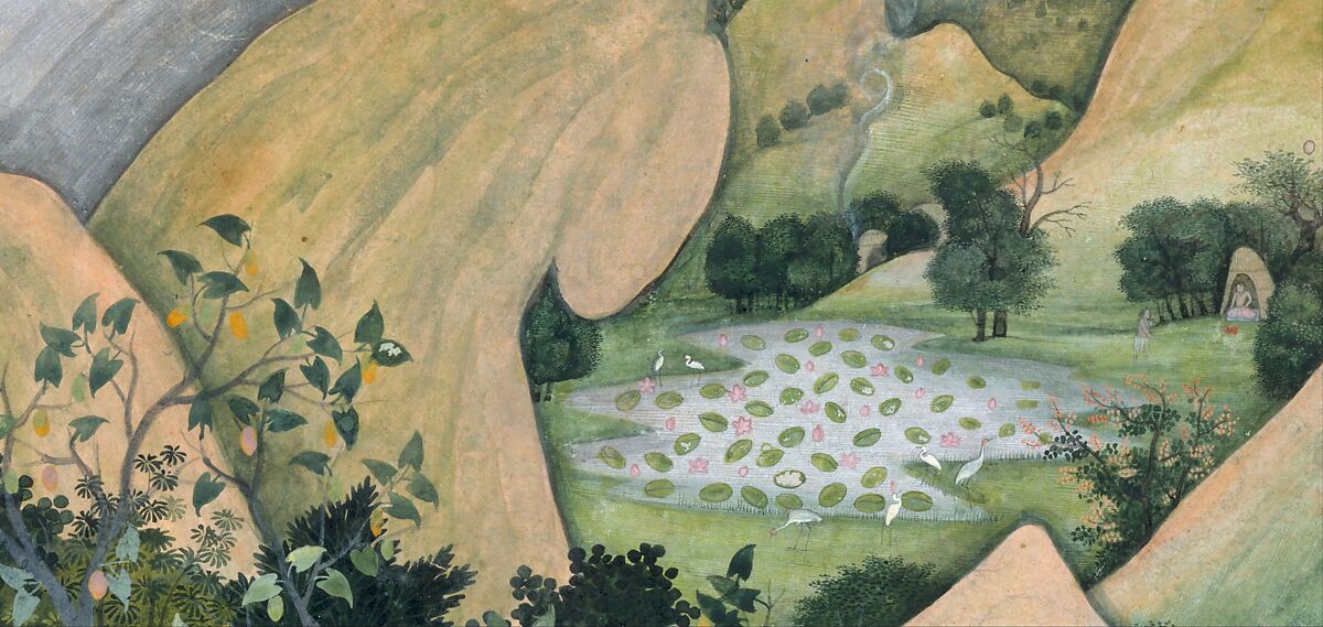 Rama, Sita, and Lakshmana at the Hermitage of Bharadvaja: Illustrated folio from a dispersed Ramayana series, Opaque watercolor and ink on paper, India (Kangra, Himachal Pradesh)