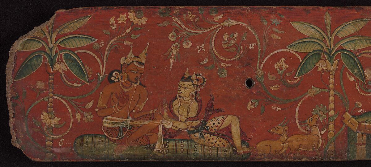 Book cover illustrated with scenes from Kalidasa’s Shakuntala, Ink and color on wood, Nepal, Kathmandu Valley