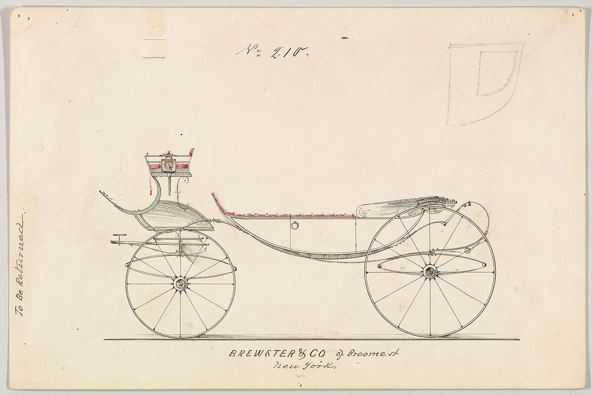 Design for Vis-à-vis/ Barouche, no. 210, Brewster &amp; Co. (American, New York), Graphite, pen and black ink, watercolor and gouache 