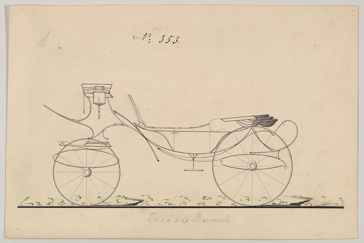 Design for Vis-à-vis/ Barouche, no. 353, Brewster &amp; Co. (American, New York), Graphite, pen and black ink, watercolor and gouache 