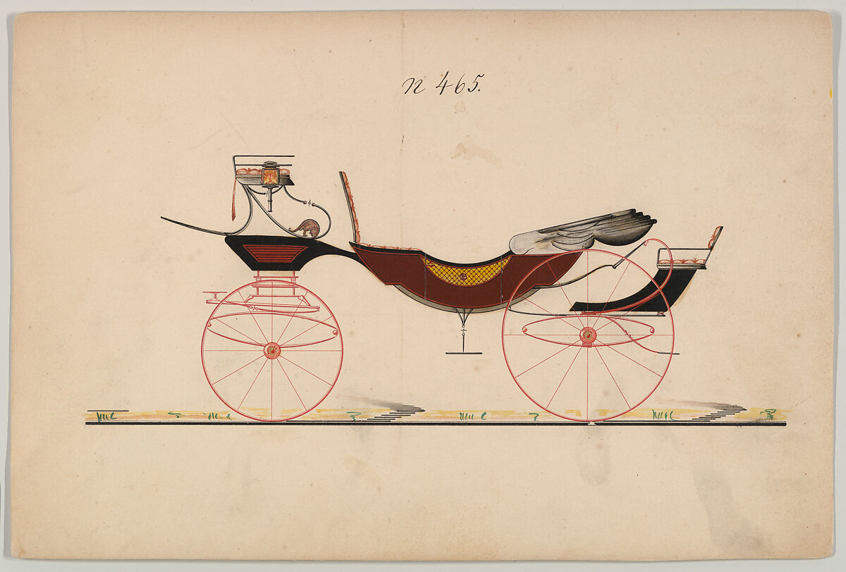 Design for Vis-à-vis/ Barouche, no. 465, Brewster &amp; Co. (American, New York), pen and black ink, watercolor and gouache with gum arabic 