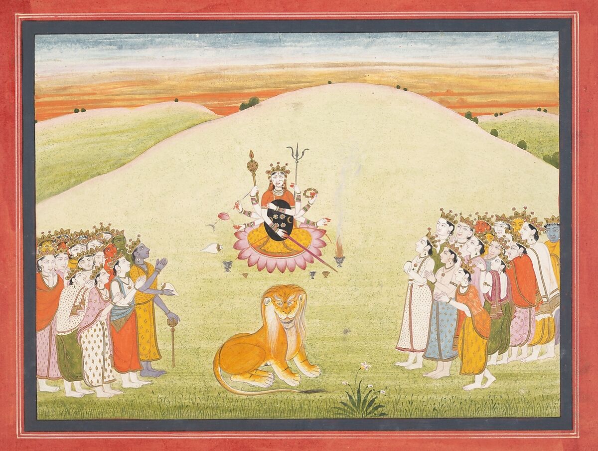 The Creation of Durga: Page from a Dispersed Markandeya Purana: (Stories of the Sage Markandeya), Ink and opaque watercolor on paper, India (Punjab Hills, Guler) 