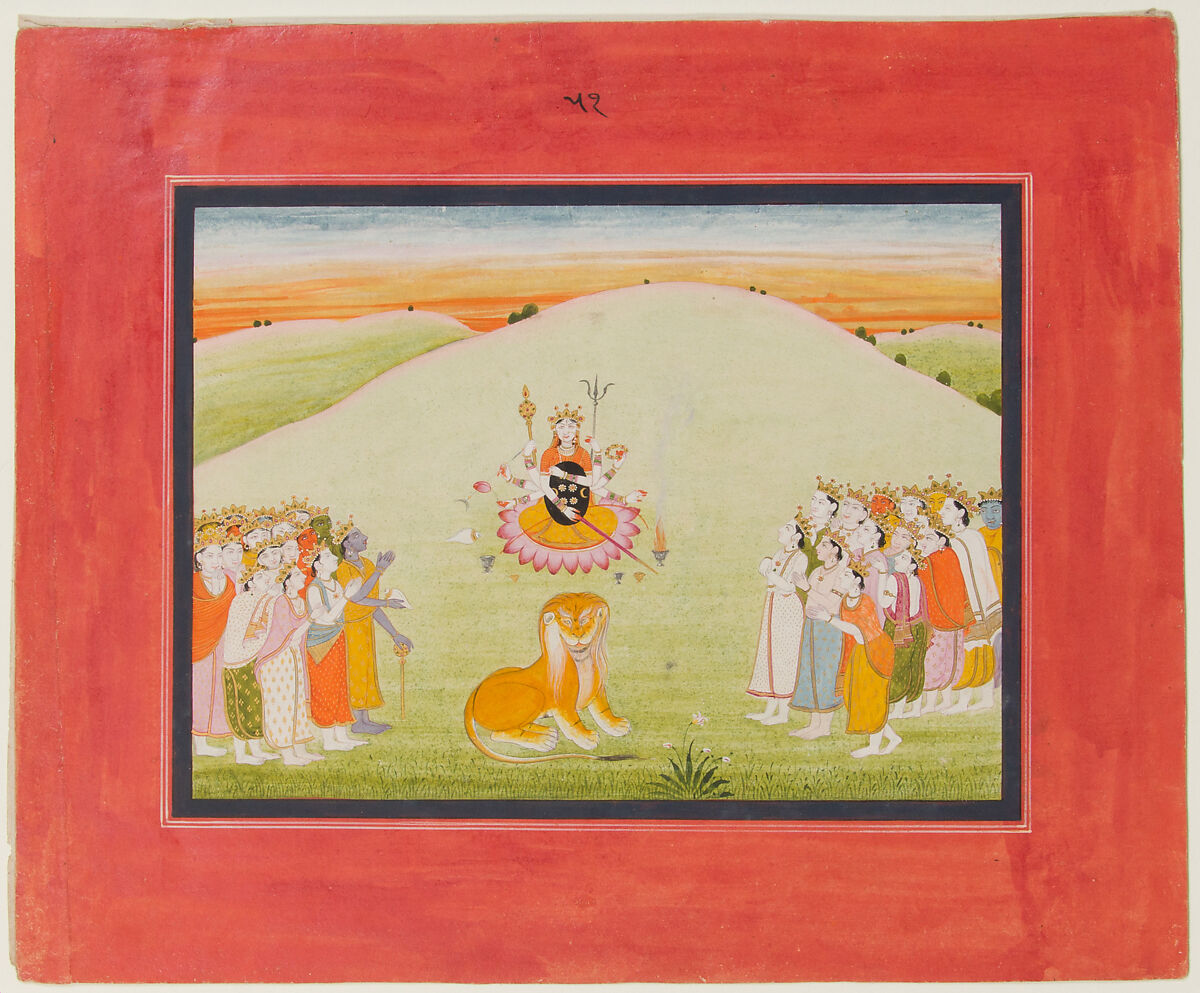 The Creation of Durga: Page from a Dispersed Markandeya Purana: (Stories of the Sage Markandeya), Ink and opaque watercolor on paper, India (Punjab Hills, Guler)