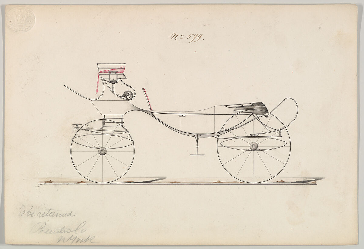 Design for Vis-à-vis/ Barouche, no. 599, Brewster &amp; Co. (American, New York), Graphite, pen and black ink, watercolor and gouache 