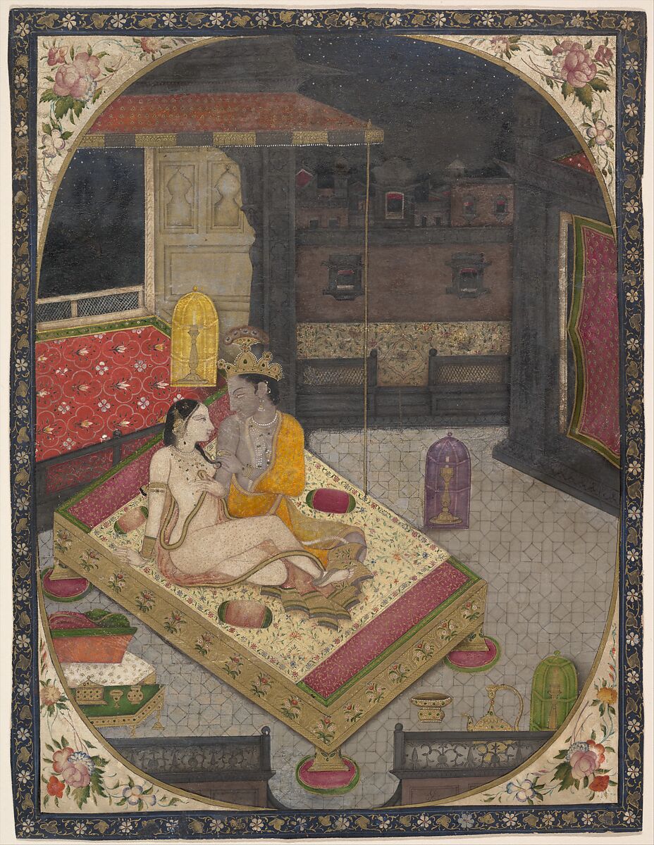 Radha and Krishna on a Bed at Night, Ink and opaque watercolor on paper, India (Punjab Hills, Sirmur) 