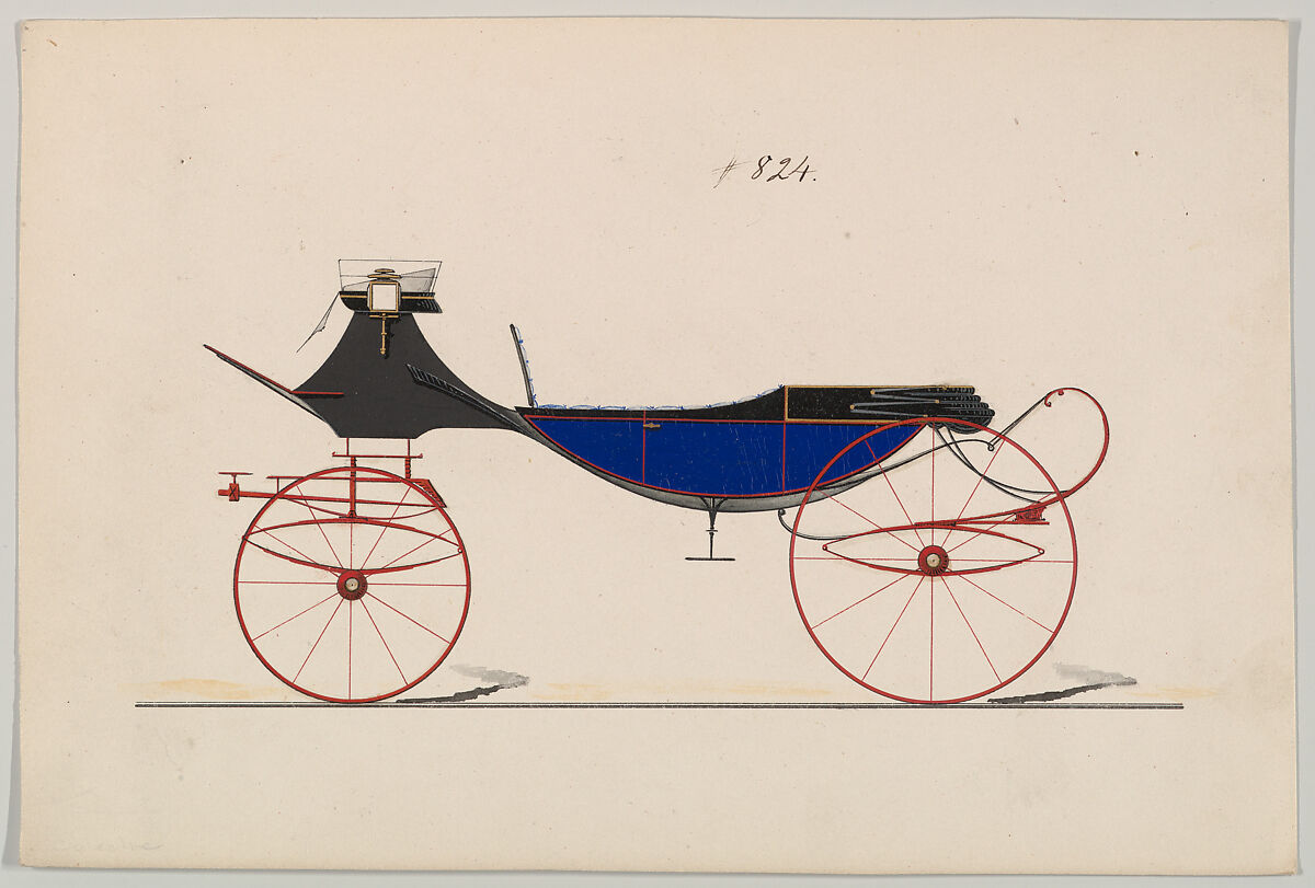 Design for Vis-à-vis/ Barouche, no. 824, Brewster &amp; Co. (American, New York), Pen and black ink, watercolor and gouache with gum arabic 