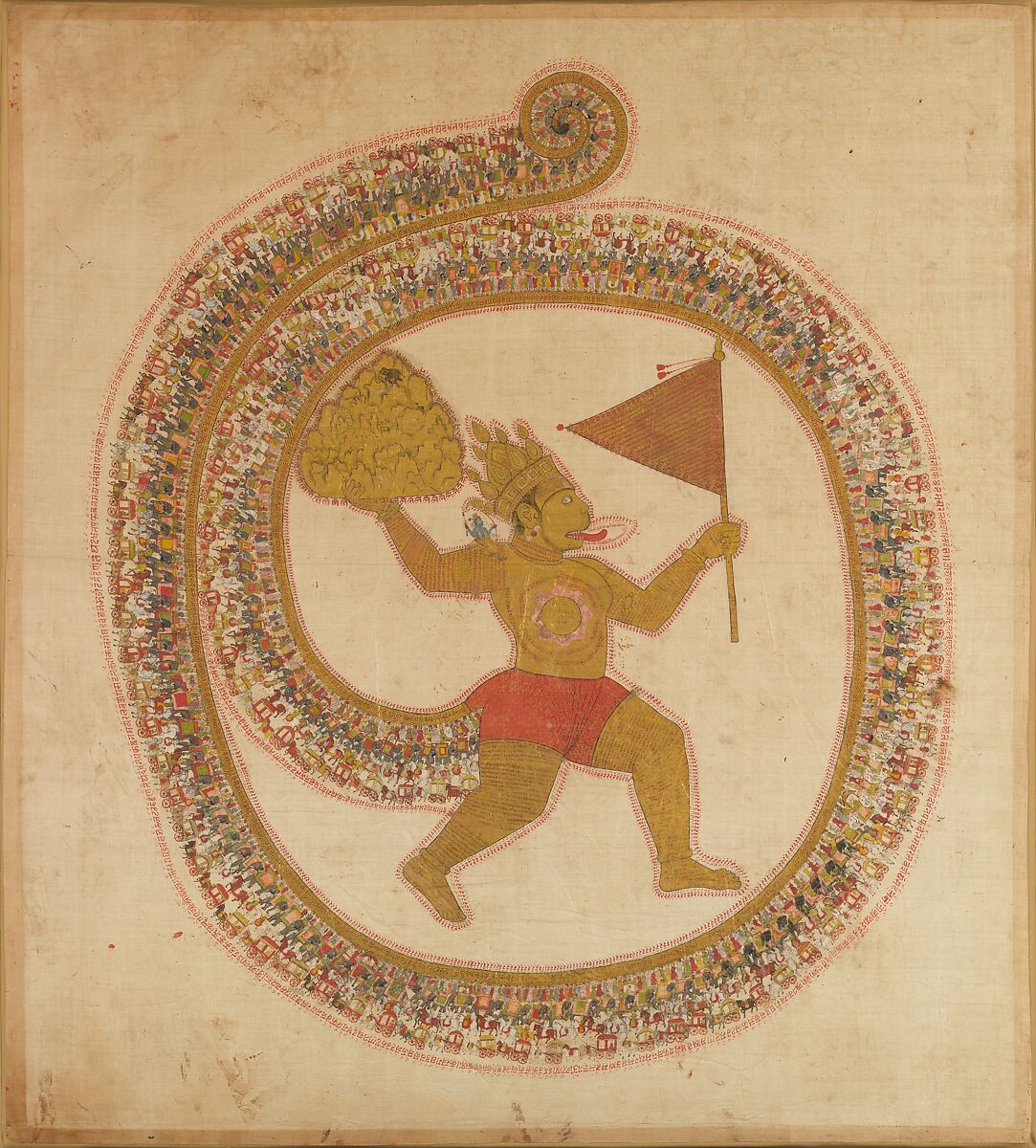 Hanuman Bearing the Mountaintop with Medicinal Herbs, Ink and opaque watercolor on cloth, India (Rajasthan) 