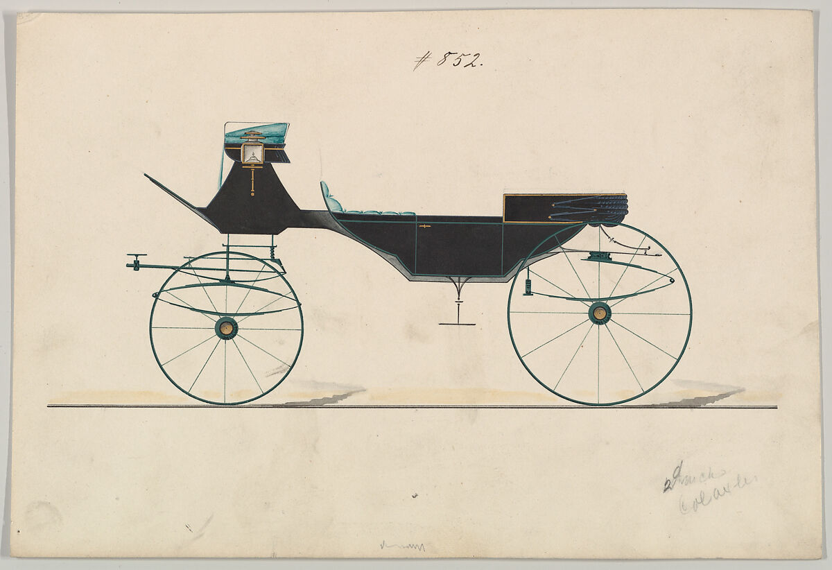 Design for Vis-à-vis/ Barouche, no. 852, Brewster &amp; Co. (American, New York), Graphite, pen and black ink, watercolor and gouache with metallic ink 