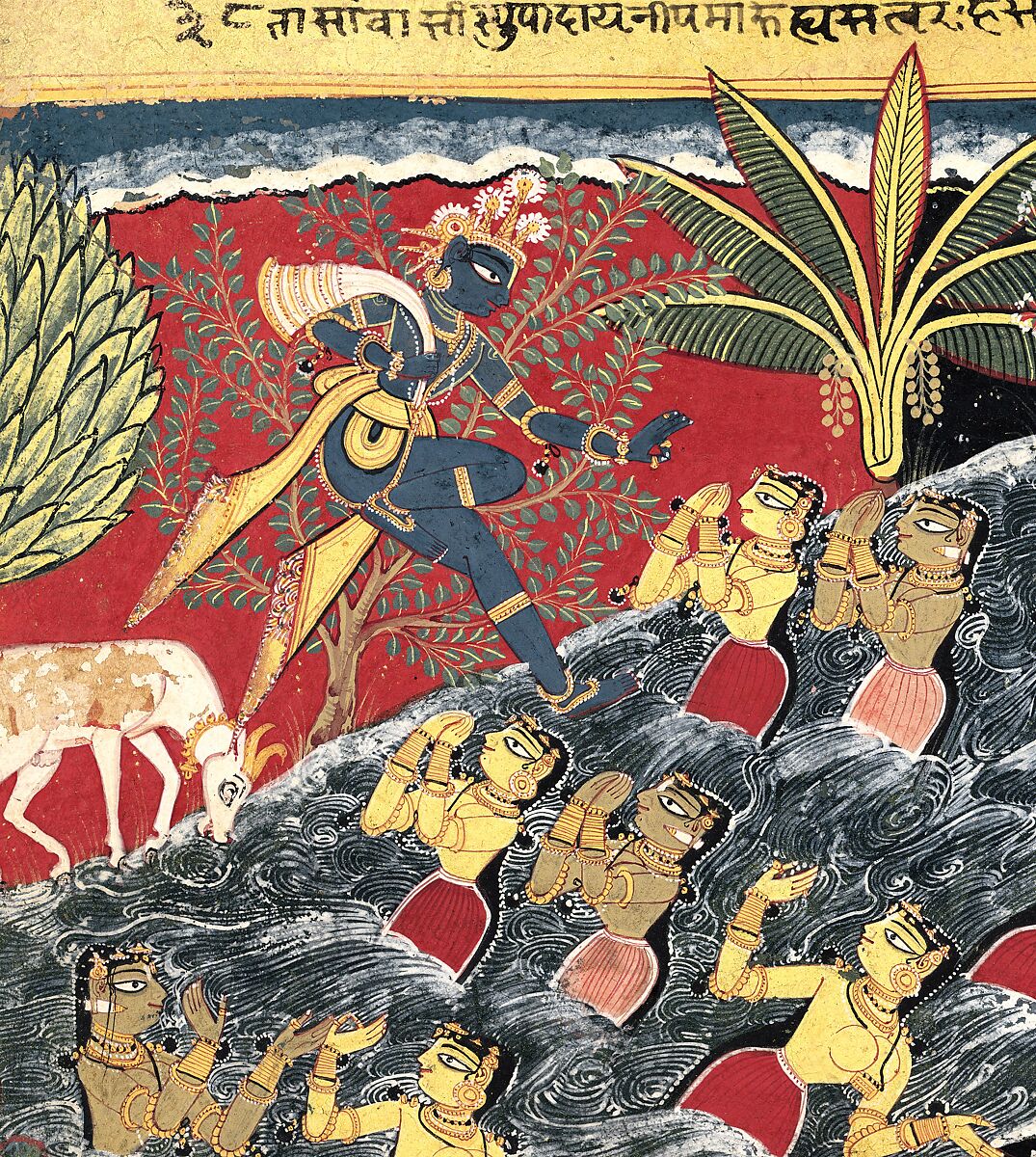 The Gopis Plead with Krishna to Return Their Clothing: Folio from "Isarda" Bhagavata Purana, Master of the "Isarda" Bhagavata Purana, Opaque watercolor and ink on paper, North India (Delhi -Agra area)