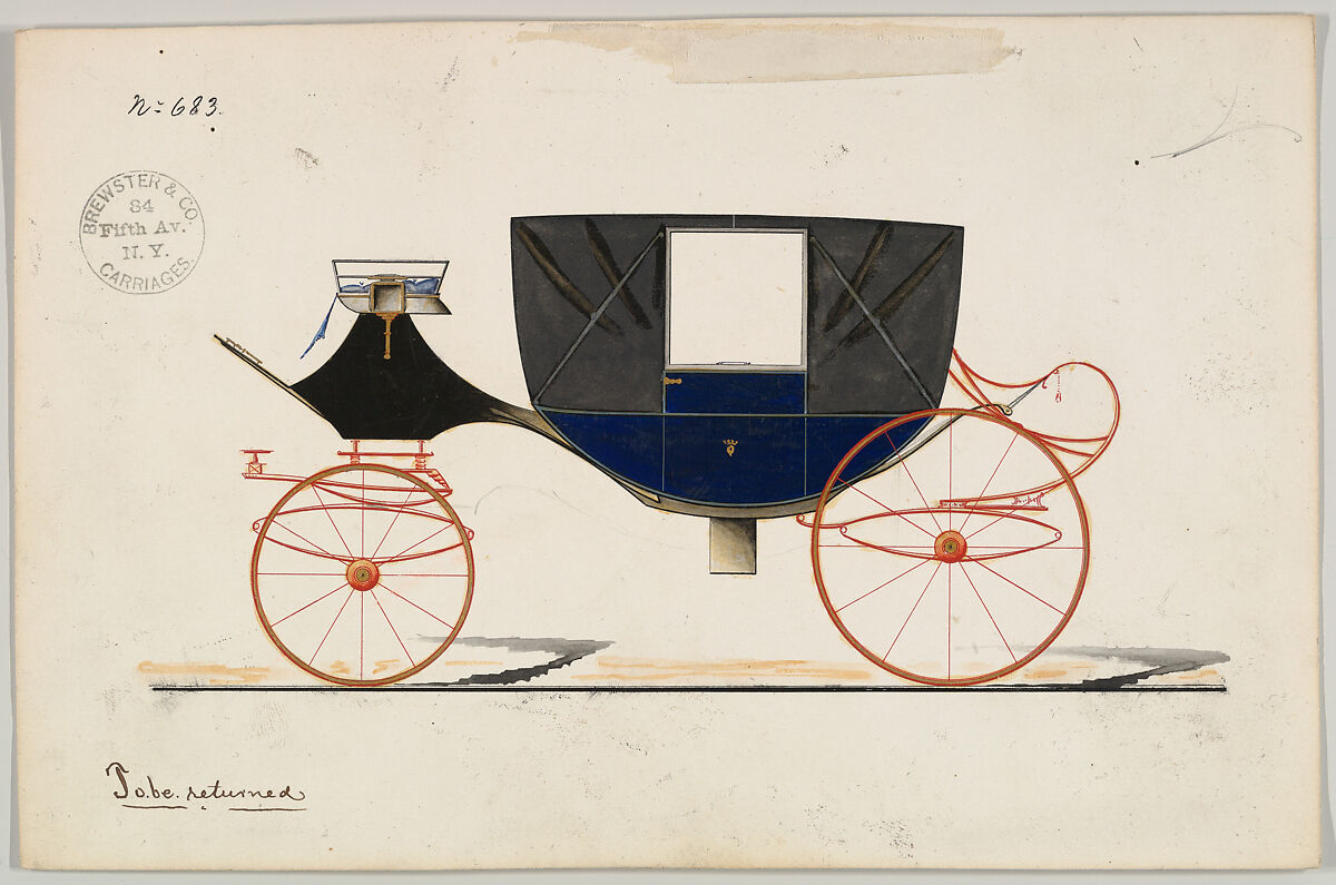 Design for Landau, no. 683, Brewster &amp; Co. (American, New York), Pen and black in, watercolor and gouache with gum arabic and metallic ink. 