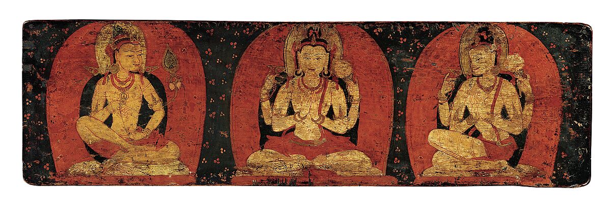 Pair of Manuscript Covers with Three Deities and Three Hierarchs, Distemper and gold on wood, Tibet 