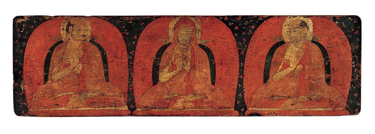 Pair of Manuscript Covers with Three Deities and Three Hierarchs, Distemper and gold on wood, Tibet