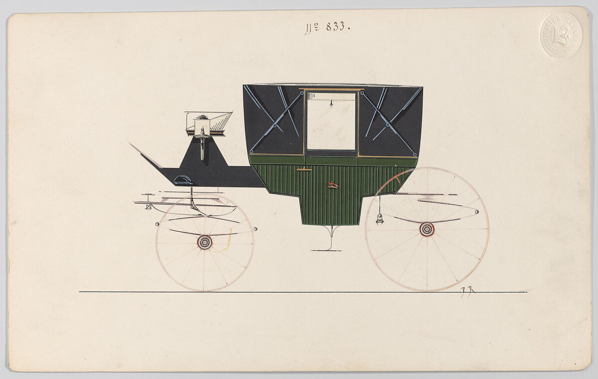 Design for Landau, no. 833, Brewster &amp; Co. (American, New York), Pen and black ink, wate4rcolor and gouache with gum arabic 