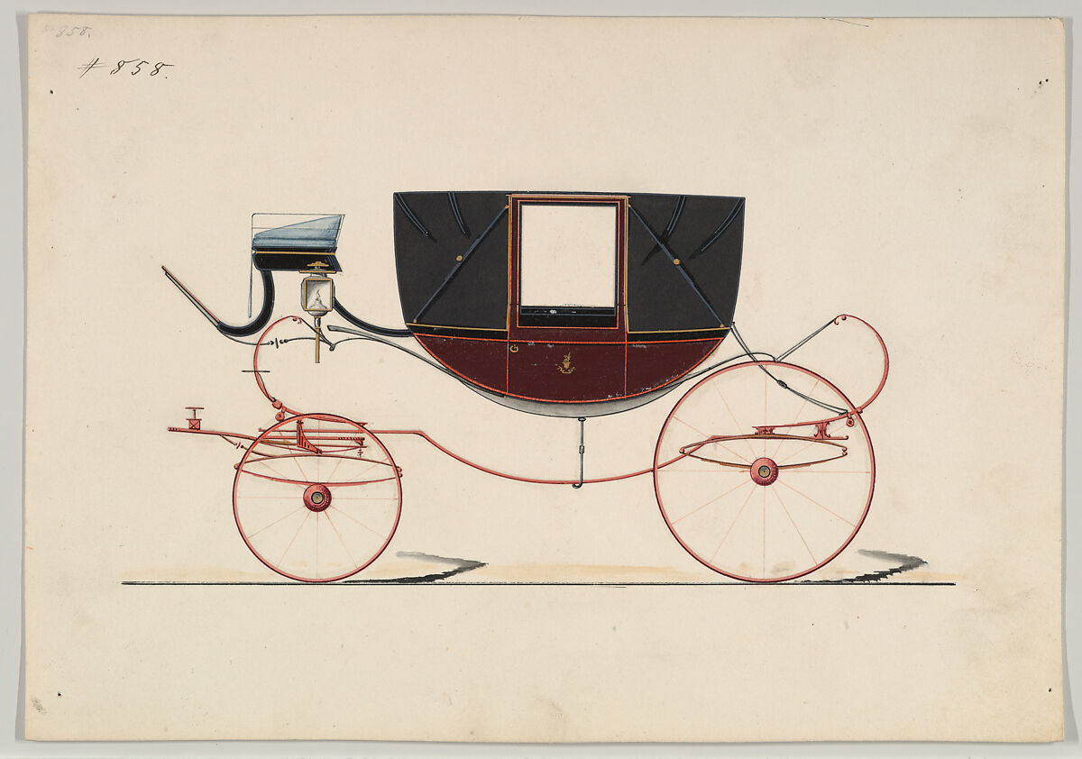 Design for Landau, no. 858, Brewster &amp; Co. (American, New York), Pen and black ink, watercolor and gouache with gum arabic and metallic ink 