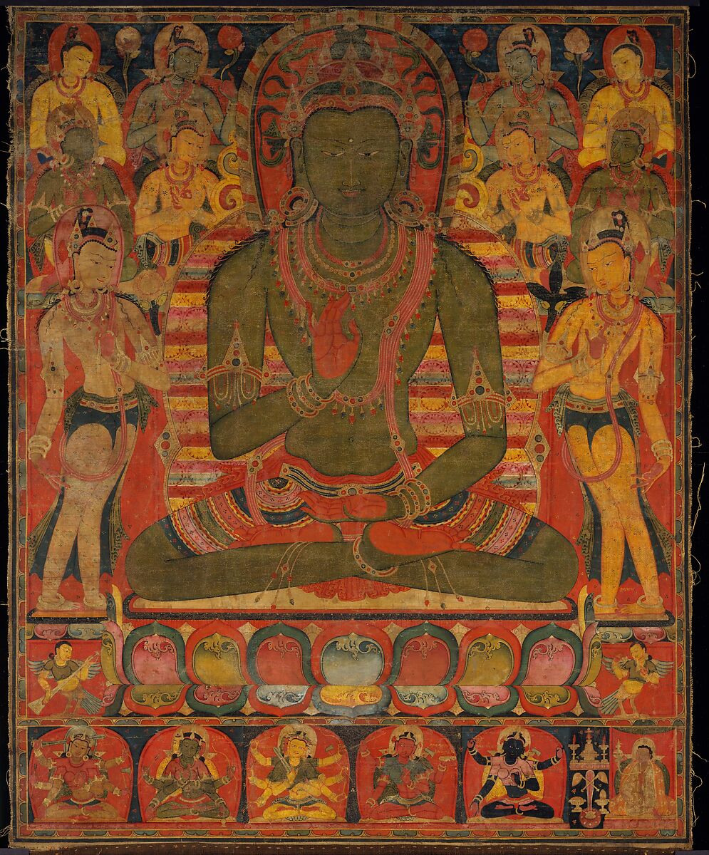 Buddha Amoghasiddhi with Eight Bodhisattvas, Distemper on cloth, Central Tibet 