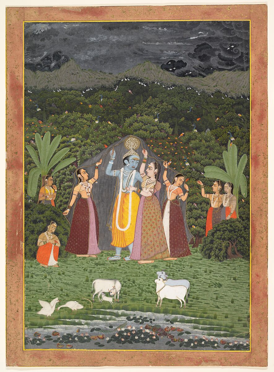 Krishna and the Gopis Take Shelter from the Rain, Ink, opaque watercolor, and gold on paper, India (Rajasthan, Jaipur) 