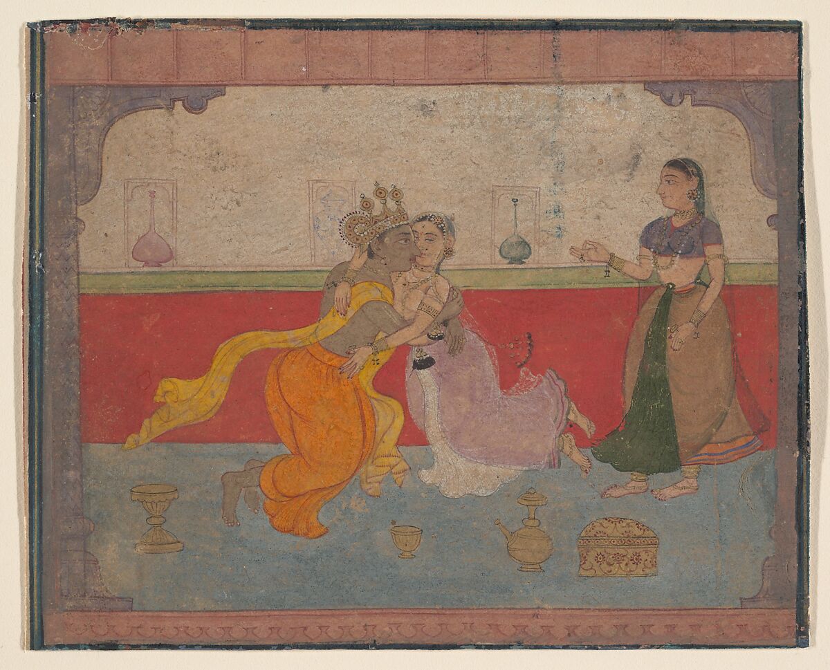 Krishna Kisses Radha: Page from the Boston Rasikapriya (Lover's Breviary), Ink, gold and opaque watercolor on paper, India (Rajasthan, Amber?) 