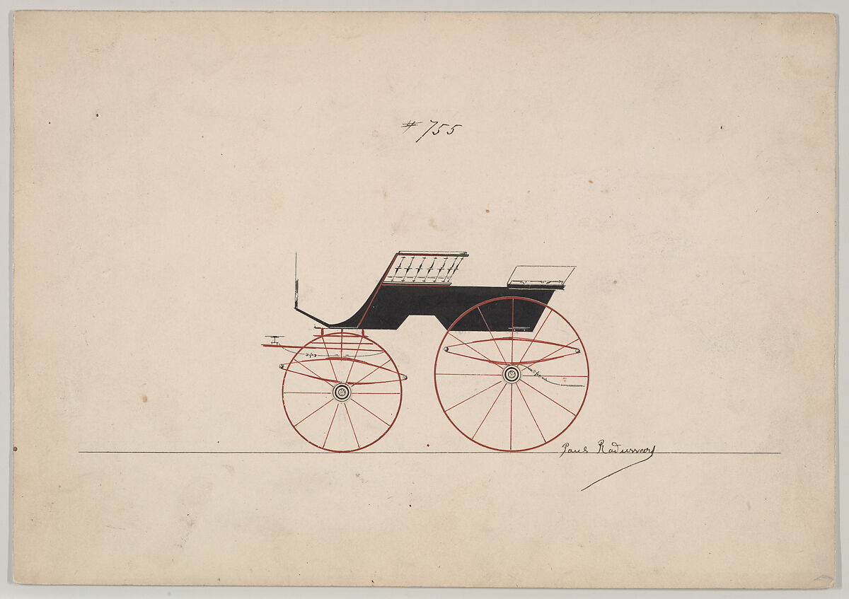 Design for 4 seat Phaeton, no top, no. 755, Brewster &amp; Co. (American, New York), pen and black ink, watercolor and gouache 