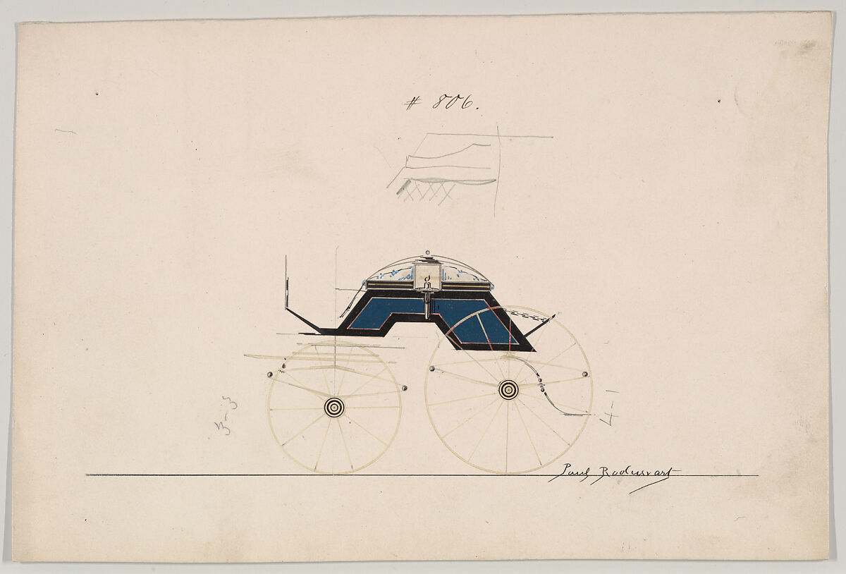 Design for 4 seat Phaeton, no top, no. 806, Brewster &amp; Co. (American, New York), Pen and black ink, watercolor and gouache with gum arabic 