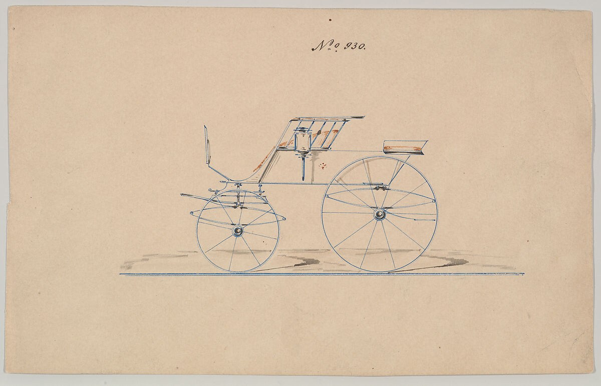 Design for 4 seat Phaeton, no top, no. 930, Brewster &amp; Co. (American, New York), Pen and black ink, watercolor and gouache 