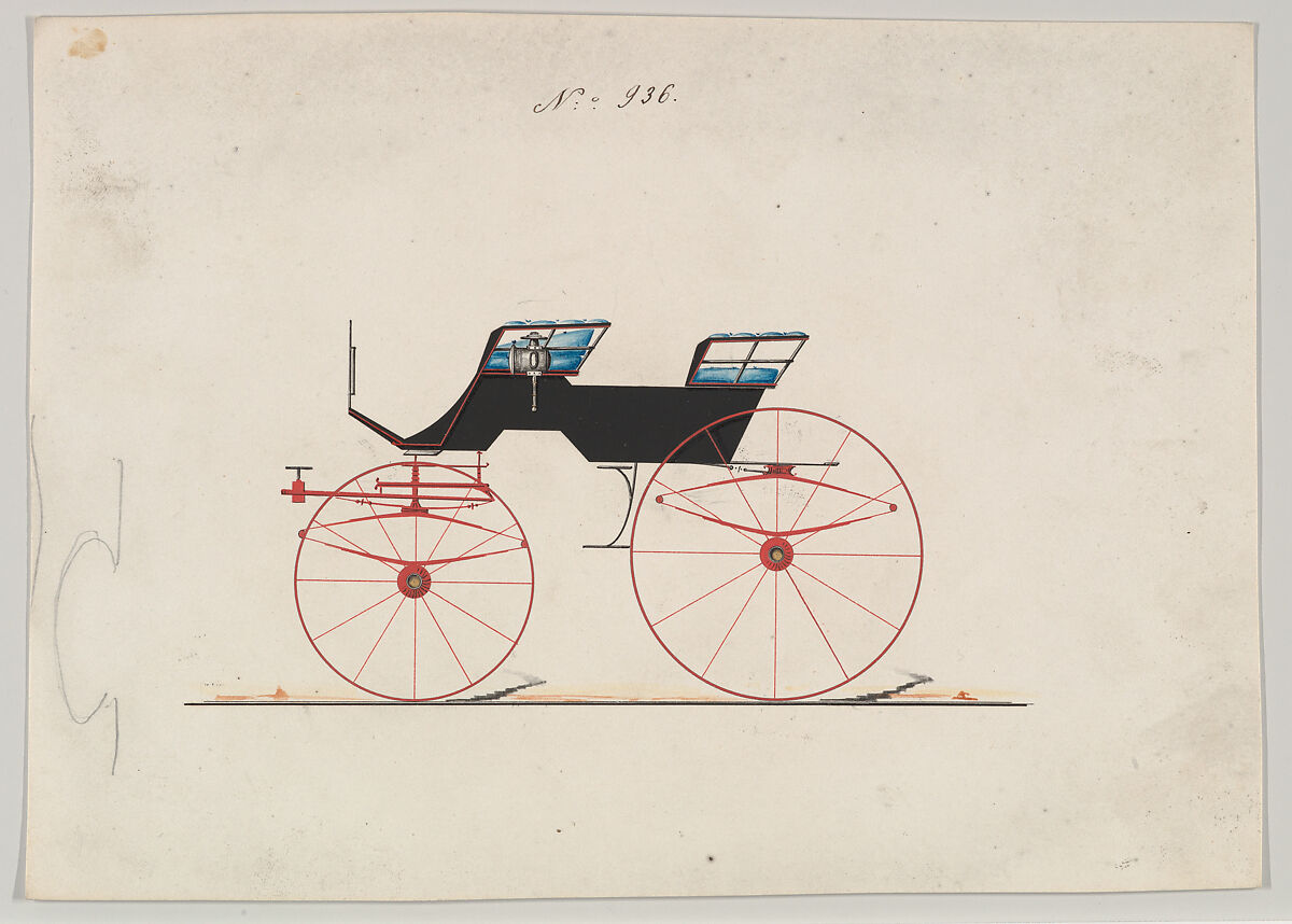 Design for 4 seat Phaeton, no top, no. 936, Brewster &amp; Co. (American, New York), Graphite, pen and black ink, watercolor and guache with gum arabic 
