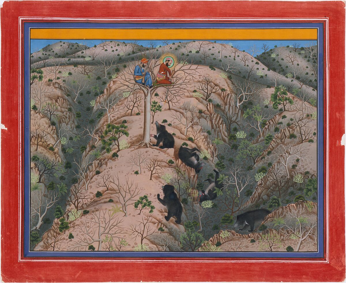 Maharaja Fateh Singh Hunting Female Bears, Attributed to Pannalai, Ink, opaque watercolor, and gold on paper, Western India, Rajasthan, Udaipur 