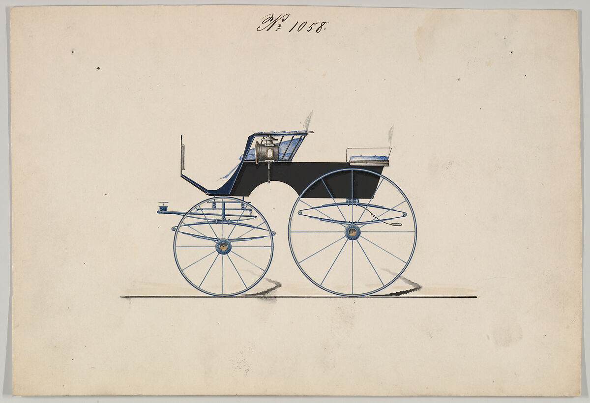 Design for 4 seat Phaeton, no top, no. 1058, Brewster &amp; Co. (American, New York), Pen and black in, watercolor and gouache with gum arabic and metallic ink 