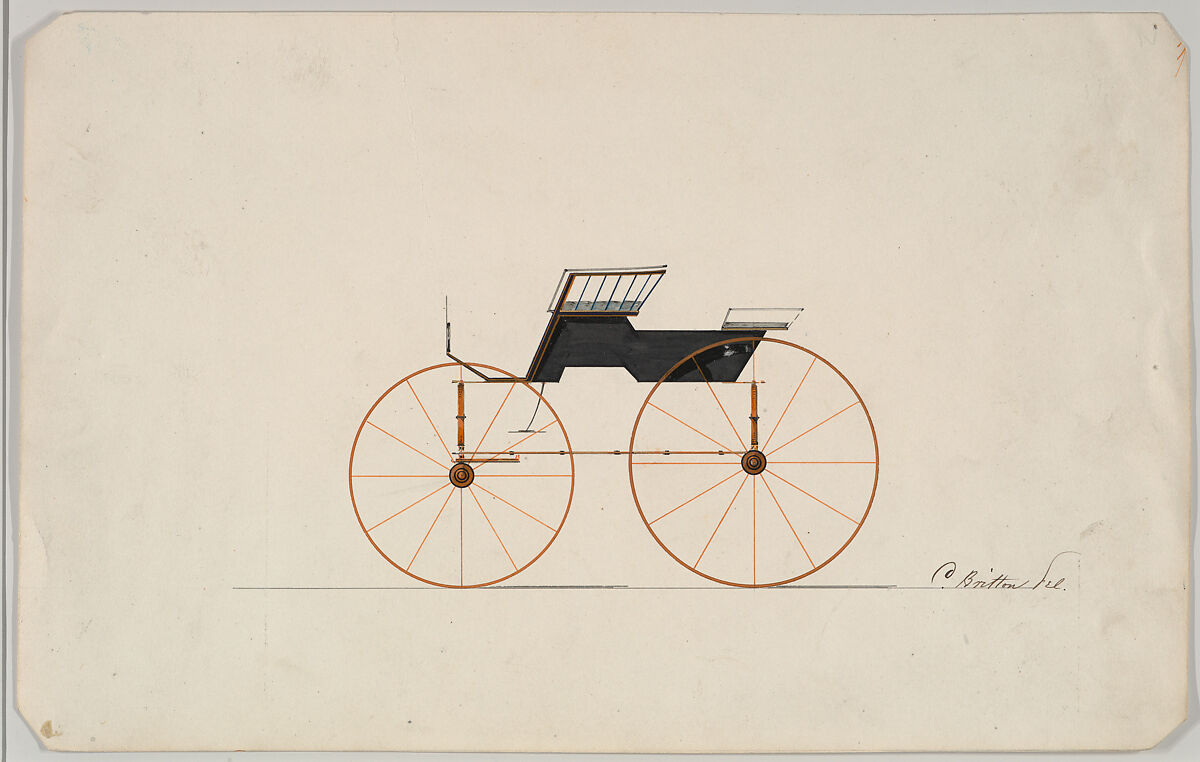 Design for 4 seat Phaeton, no top (unnumbered), Brewster &amp; Co. (American, New York), Pen and black ink, watercolor and gouache with gum arabic 