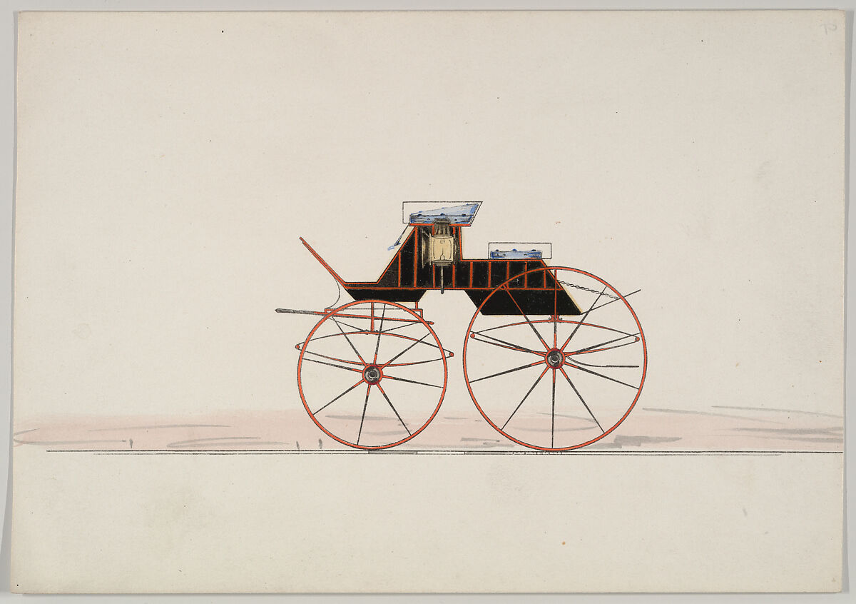 Design for 4 seat Phaeton, no top (unnumbered), Brewster &amp; Co. (American, New York), Pen and black wink, watercolor and gouache with gum arabic 