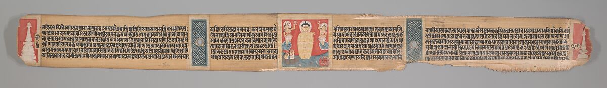Buddha Giving Safety (Abhayananda) to Mariners, Leaf from a Dispersed Pancavimsatisahasrika Prajnapramita, Ink and color on palm leaf, India (Bengal) or Bangladesh