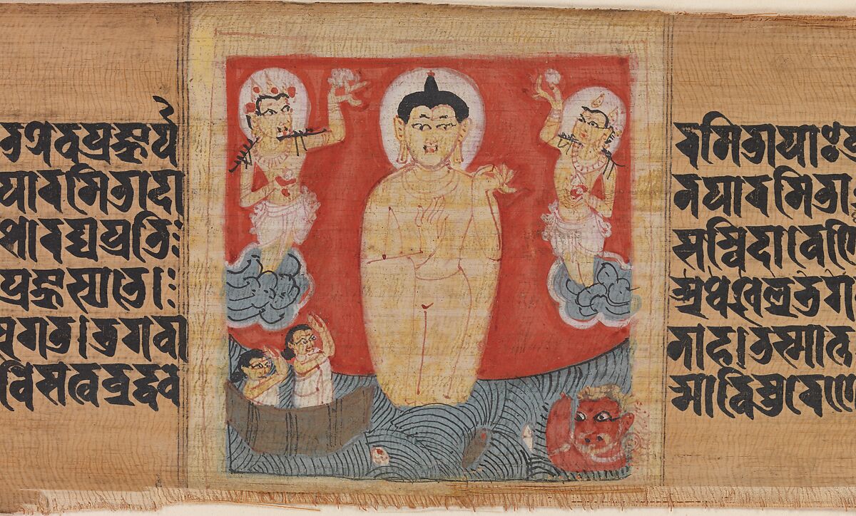 Buddha Giving Safety (Abhayananda) to Mariners, Leaf from a Dispersed Pancavimsatisahasrika Prajnapramita, Ink and color on palm leaf, India (Bengal) or Bangladesh 