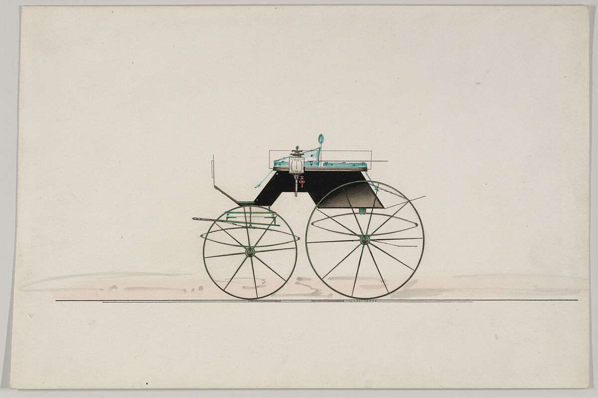 Design for 4 seat Phaeton, no top (unnumbered), Brewster &amp; Co. (American, New York), Pen and black ink, watercolor and gouache with gum arabic 