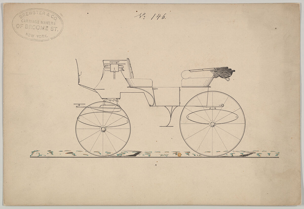 Design for Char-a-banc/Phaeton, no. 146, Brewster &amp; Co. (American, New York), Pen and black ink, watercolor and gouache 