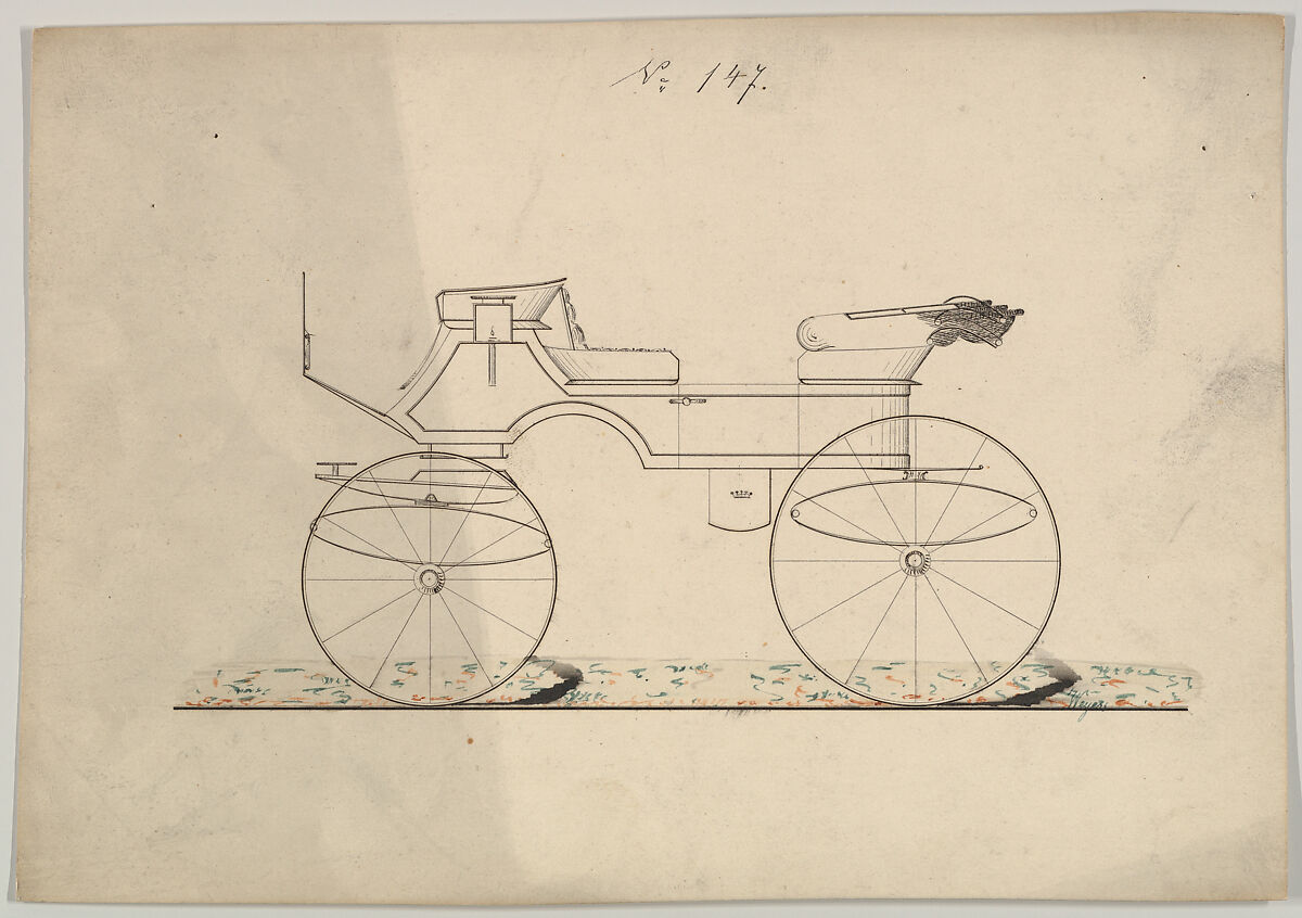 Design for Vis-a-vis/Phaeton, no. 147, Brewster &amp; Co. (American, New York), Pen and black ink, watercolor and gouache 