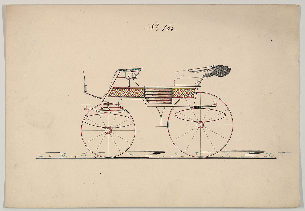 Design for Phaeton, no. 166, Brewster &amp; Co. (American, New York), Pen and red and black ink, watercolor and gouache 
