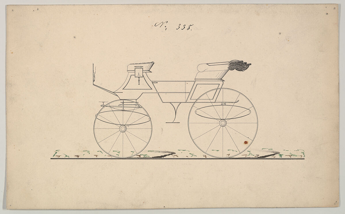 Design for Phaeton, no. 338, Brewster &amp; Co. (American, New York), Pen and black ink, watercolor and gouache with graphite verso 
