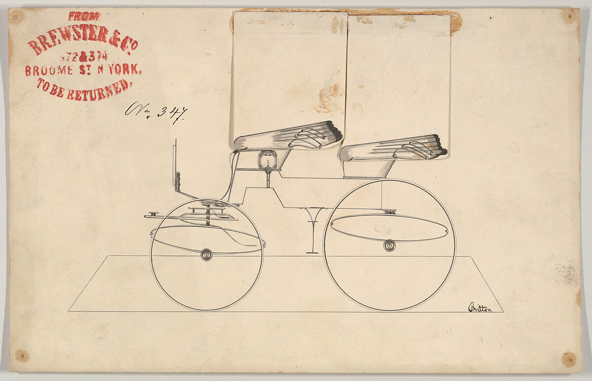 Design for Phaeton, no. 347, Brewster &amp; Co. (American, New York), Pen and black ink with red ink stamp 