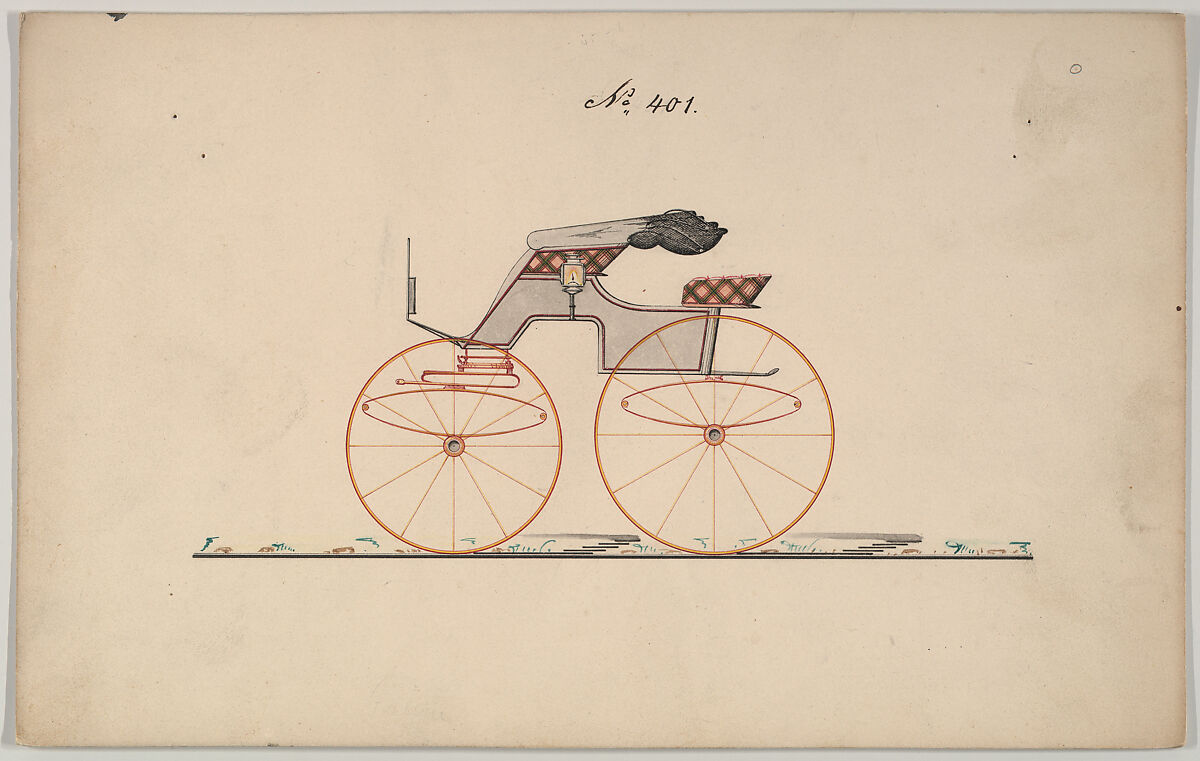 Design for Road Wagon with Folding Top ("4 seat Wagon"), no. 401, Brewster &amp; Co. (American, New York), Pen and black ink, watercolor and gouache 