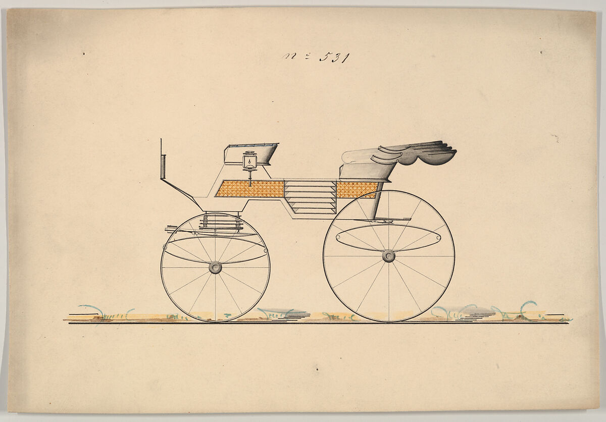 Design for Phaeton, no. 531, Brewster &amp; Co. (American, New York), Pen and black ink, watercolor and gouache 