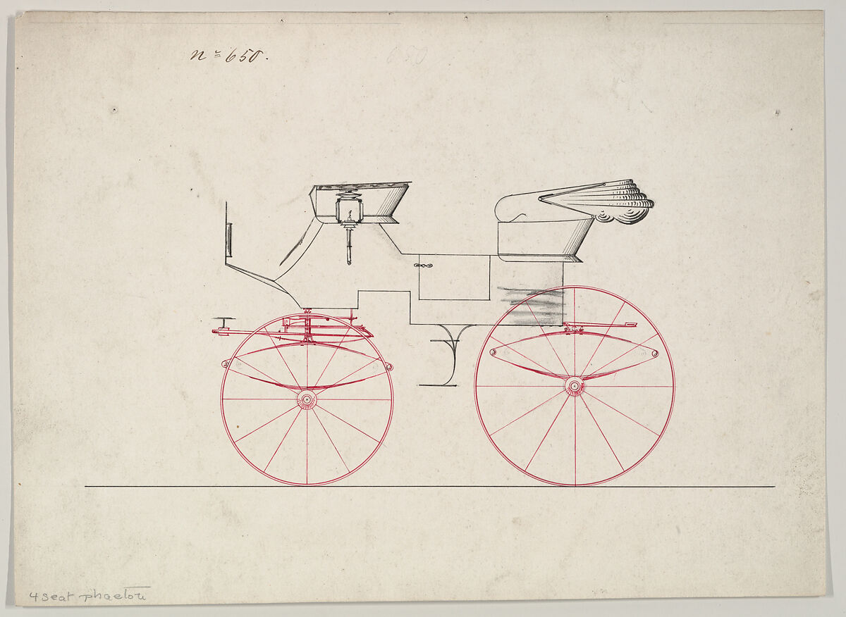 Design for Phaeton, no. 650, Brewster &amp; Co. (American, New York), Graphite, pen and black and red ink 