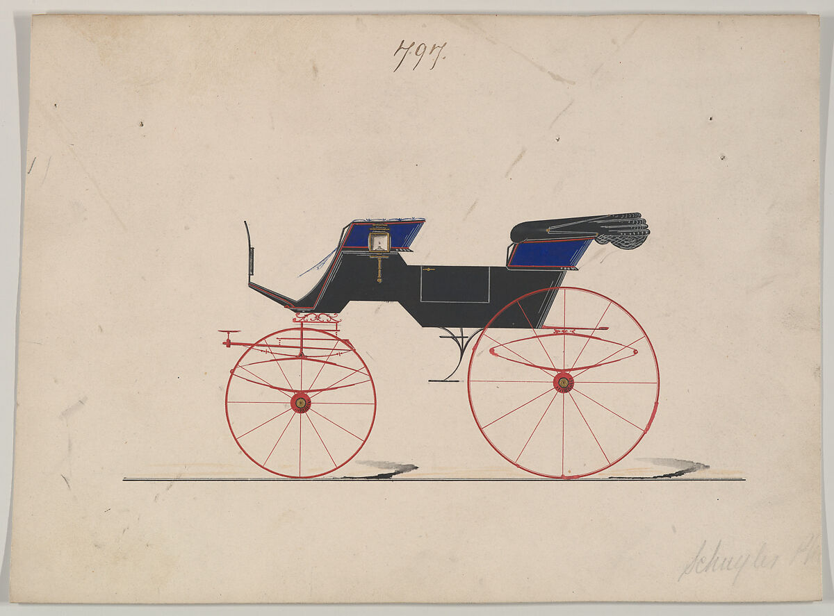 Design for Phaeton, no. 797, Brewster &amp; Co. (American, New York), graphite, pen and black ink, watercolor and gouache 