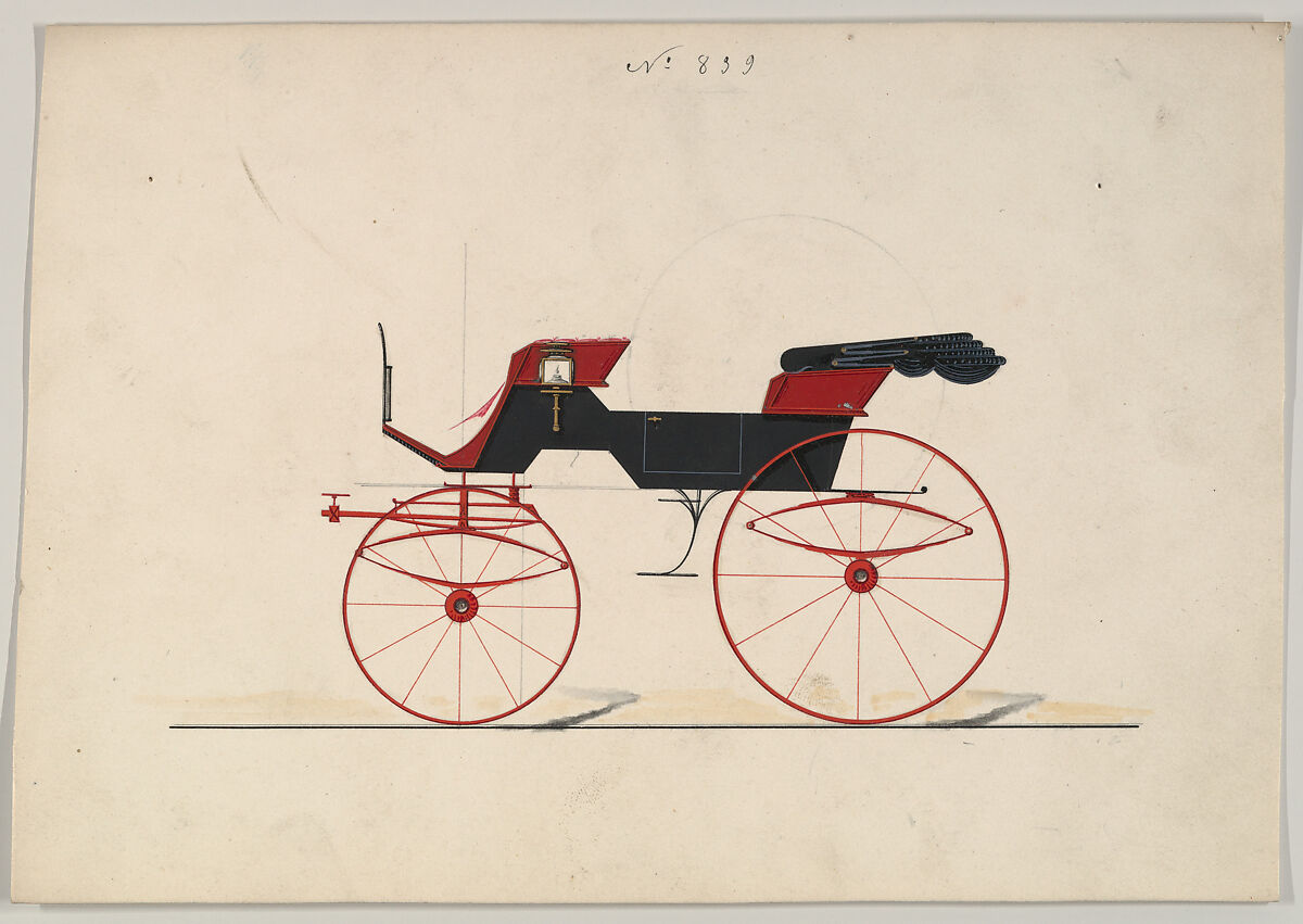 Design for Phaeton, no. 839, Brewster &amp; Co. (American, New York), Graphite, pen and black ink, watercolor and gouache with metallic ink and gum arabic 