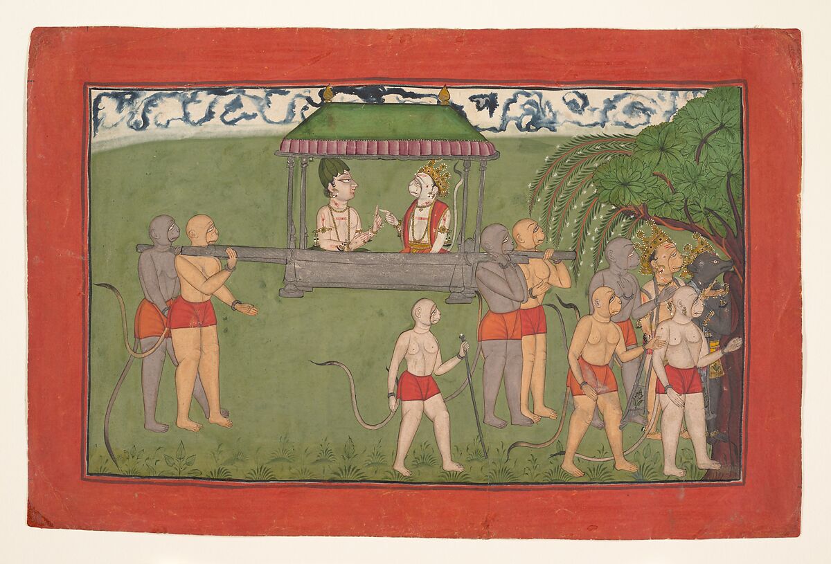 Lakshmana and Sugriva Being Carried by Palanquin to Receive Rama's Blessings: Folio from the dispersed “Mankot" Ramayana series, Ink and opaque watercolor on paper, India, Punjab Hills, kingdom of Mankot or Nurpur 