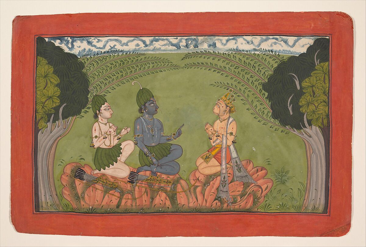 Hanuman before Rama and Lakshmana: Folio from the dispersed “Mankot" Ramayana series, Ink and opaque watercolor on paper, India, Punjab Hills, kingdom of  Mankot 