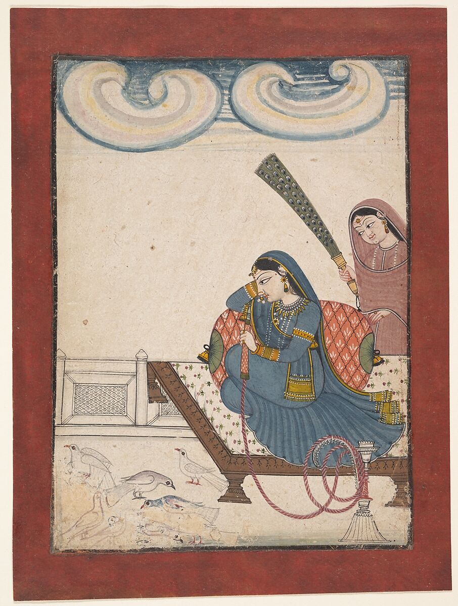 A Lady Gazing at Doves, Ink and opaque watercolor on paper, India (Punjab Hills, Mandi) 