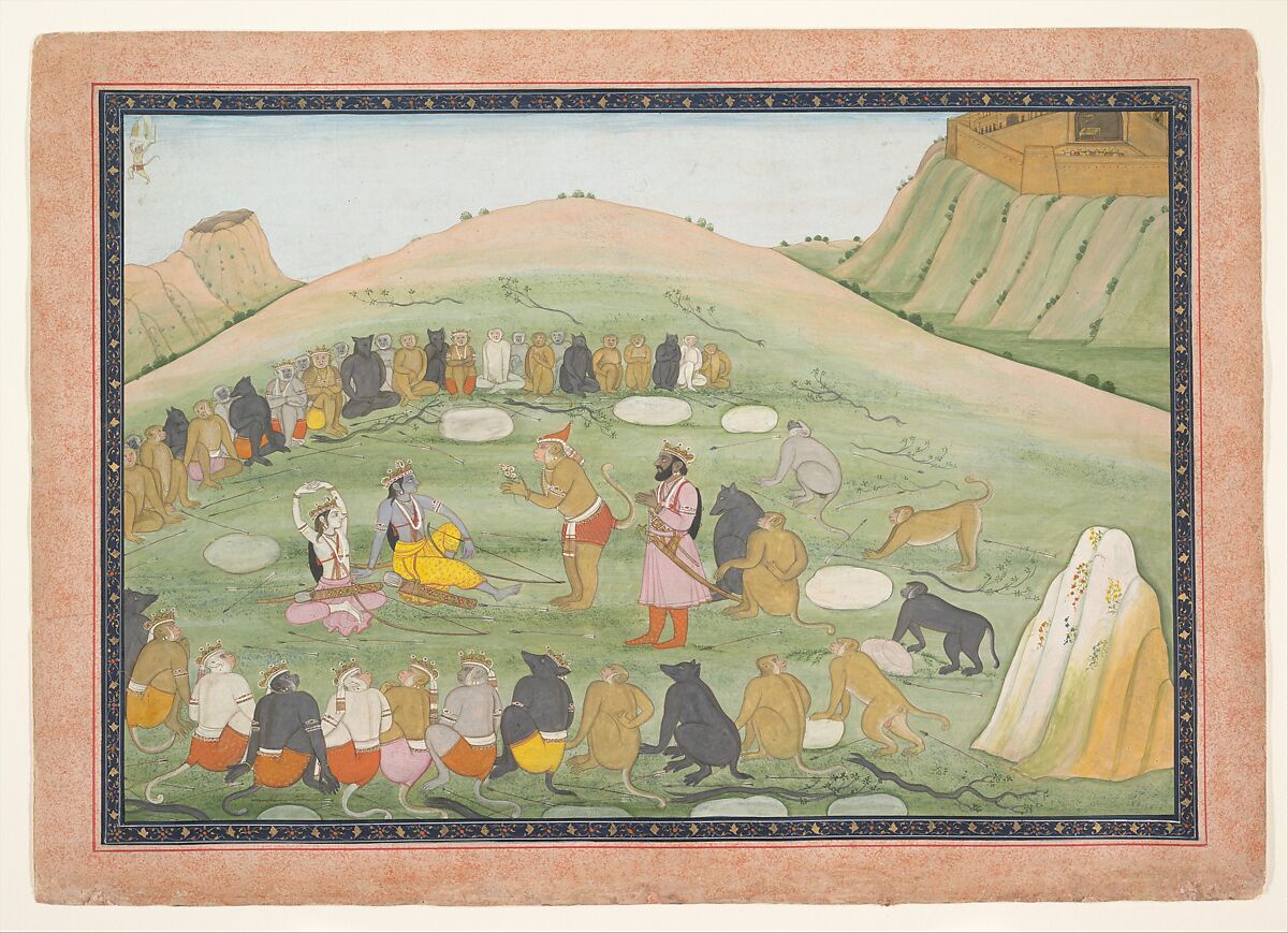 Hanuman Revives Rama and Lakshmana with Medicinal Herbs: Illustrated folio from a dispersed Ramayana series, Workshop active in the First generation after Nainsukh (active ca. 1735–78), Ink and opaque watercolor on paper, India, Punjab Hills, Guler 