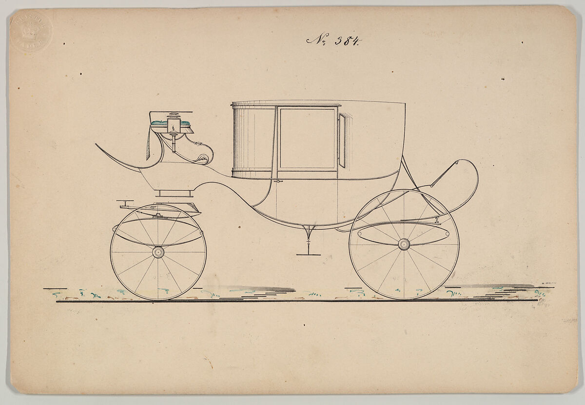 Design for Coupé, no. 384 ("Large Clarence on C Springs with Metropolitan Boot"), Brewster &amp; Co. (American, New York), Watercolor and ink 